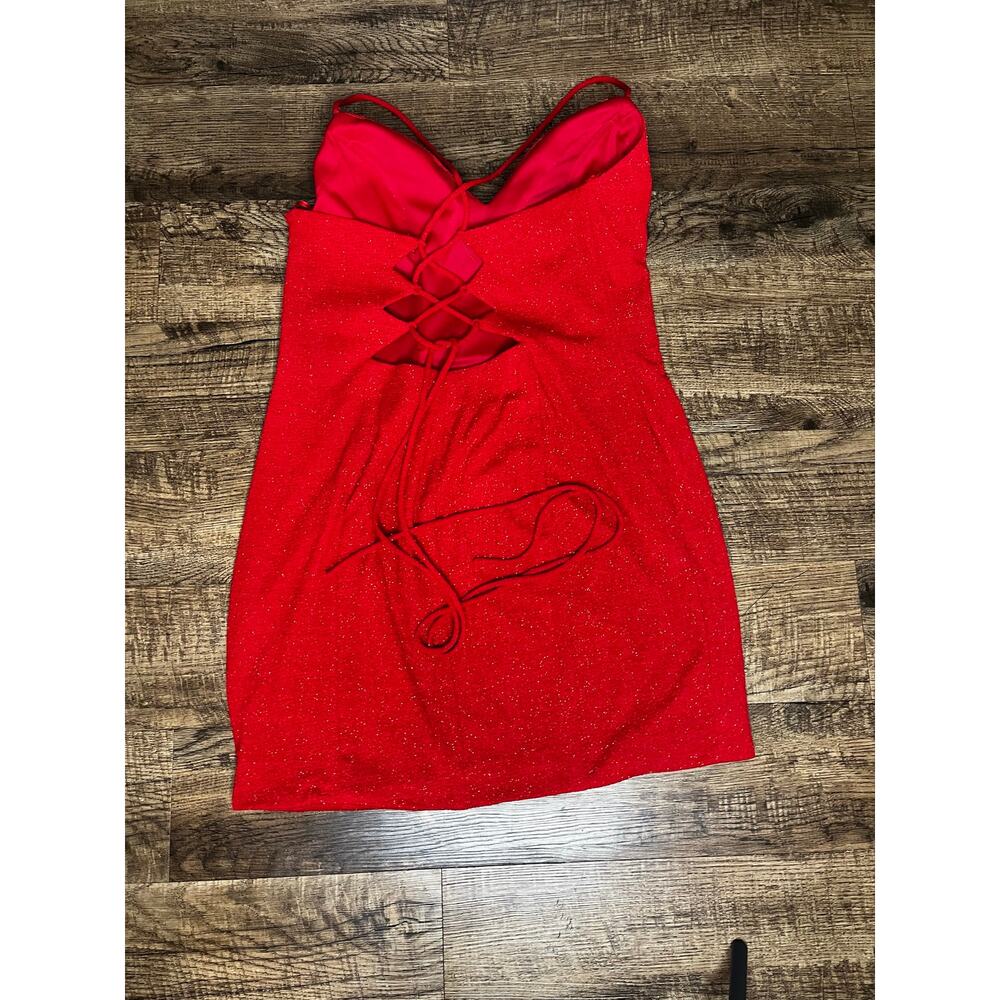 Red Mini Homecoming Dress Plunging Neckline - Crisscross Back - Size 18 - Picture 5 of 9